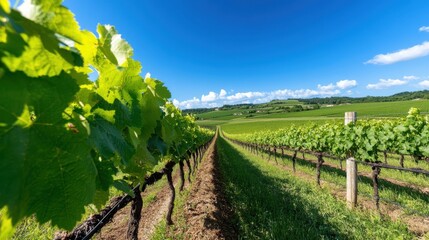 Fototapeta premium Rows of lush grapevines stretch across rolling hills under a bright sky
