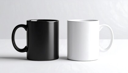 Two blank mugs, black and white, on a light surface