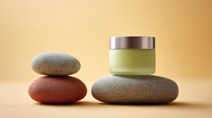 A green cosmetic jar with a metallic lid sits balanced on smooth stones, evoking calmness and natural beauty against a beige background.