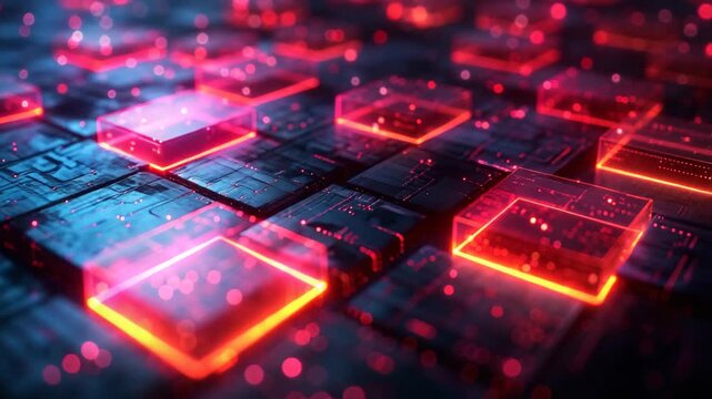 Visualize a 3D abstract modern technology background featuring layered geometric shapes, glowing grids, and dynamic lines in cool tones of blue and silver&mdash;evoking innovation, connectivity, 4K