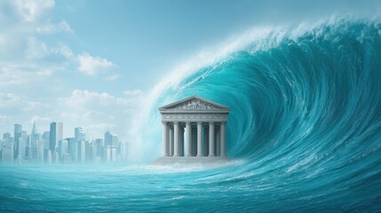 Economic Outlook and Recession Risk Concepts. A massive ocean wave threatens a classical Greek temple with a modern city skyline in the background under a cloudy sky.