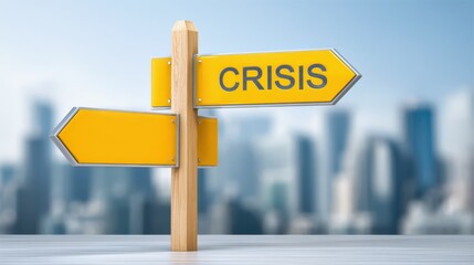 Economic Outlook and Recession Risk Concepts. Yellow directional signpost with one arrow labeled "CRISIS" pointing right, set against a blurred cityscape background.