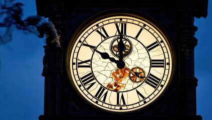 Fototapeta premium Damaged Clock Face with Exposed Gearwork