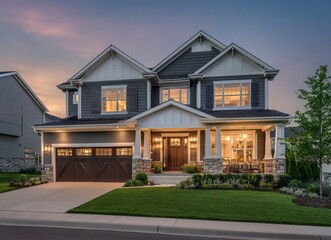 Beautiful home exterior with gray shingles and white trim, large front porch, stone accents, garage door, green grass in the yard at dusk, blue sky. 