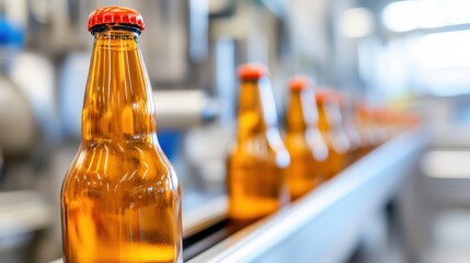 Beer bottles rolling along a conveyor belt in a bustling brewing facility