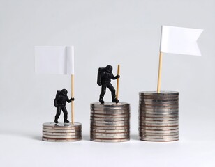 Miniature astronauts climbing stacks of coins, each with a flag