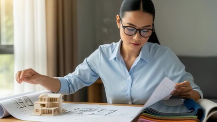 Young female architect analyzing blueprints alongside a small scale model of a house while engaged in her design work at a tidy office desk - Powered by Adobe