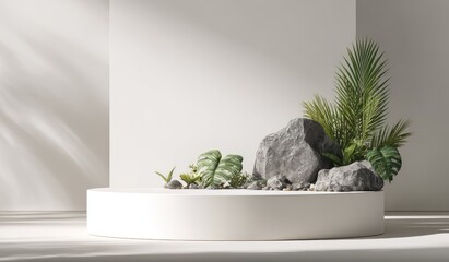 Fototapeta premium Minimalist white circular platform with grey rocks, tropical plants, and small pebbles, bathed in sunlight against a white wall