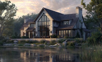A two-story luxury home with large windows and a lake in front, in a photorealistic style
