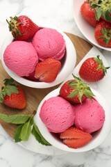 Refreshing sorbet, strawberries and mint on white marble table, flat lay