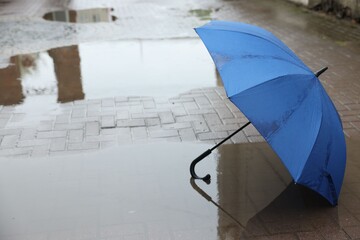 Blue umbrella on wet asphalt outdoors, space for text