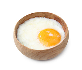 Half-boiled egg in bowl isolated on white. Traditional asian breakfast