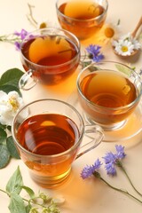 Aromatic herbal tea in glass cups and different flowers on beige background