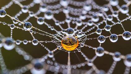 Spiderweb with Water Droplets and Central Amber Droplet