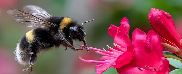 Bumblebee in flight collecting nectar from a vibrant red flower with pollination.