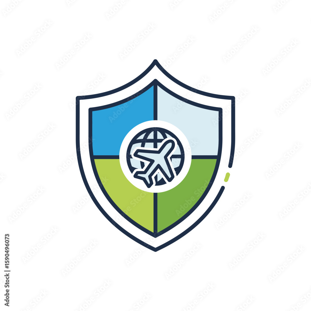 Poster a shield icon features a globe with an airplane representing travel and protection.