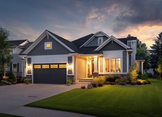 Beautiful new construction home at dusk with lights on and a detailed front view of the house. A large garage door is in the foreground, with a shingle roof and a gray-colored house with white trim. 