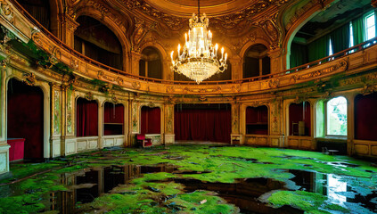Flooded Ornate Hall with Moss and Chandelier