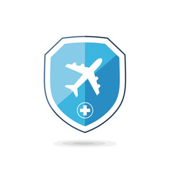 Fototapeta premium A blue shield icon features an airplane and a medical cross symbol.