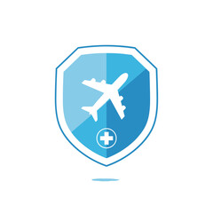 Fototapeta premium Airplane icon inside a blue shield representing safety and travel protection.