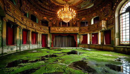 Abandoned Theater Interior with Moss and Water Damage