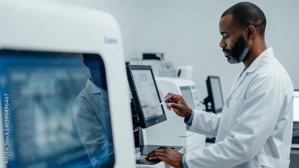 Poster laboratory technician working with automated diagnostic machines.