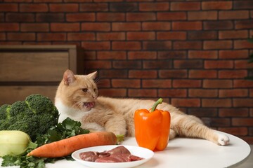 Cat and different vegetables on white table indoors. Pet's balanced diet