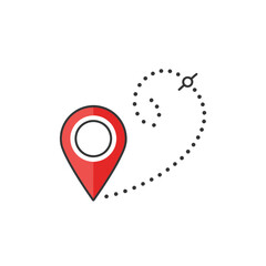 Fototapeta premium Red location pin with a dotted line indicating a travel route or destination.