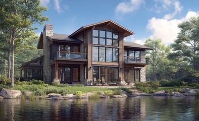 Obraz premium A two-story luxury home with large windows and a lake in front, in a photorealistic style