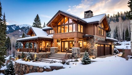 Snowy mountain home at twilight
