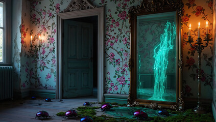 Ornate Mirror Reflecting Teal Figure in Decaying Room with Beetles