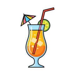 A cartoon cocktail in a glass with a straw lime slice and umbrella.