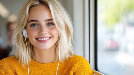 Smiling blond woman enjoys a train journey, connected through her smartphone