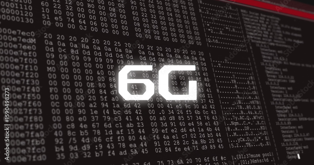 Poster Displaying glowing 6G characters overlaying hex code and ASCII lines on computer screen, 6G network