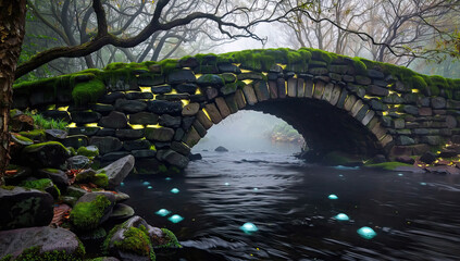 Moss-Covered Stone Arch Bridge over Stream with Luminous Orbs