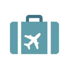 Fototapeta premium A teal suitcase icon with a white airplane symbol representing travel.