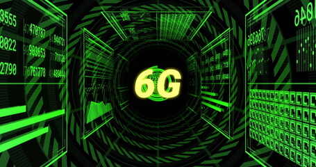 Pulsating central 6G label radiating neon green light in digital tunnel, with data panels