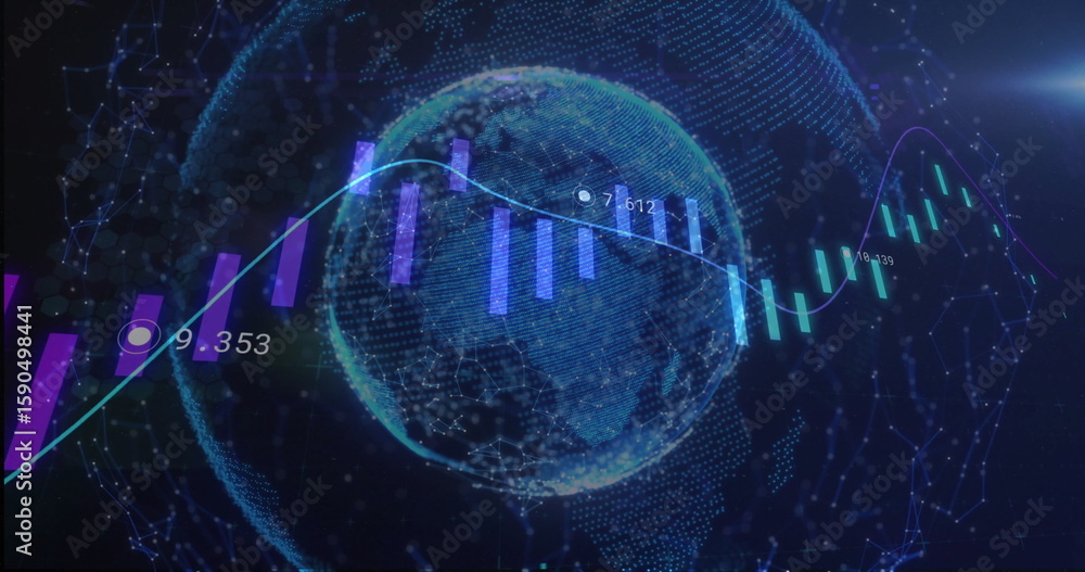 Poster floating 3d globe displaying neon bar and line graphs in data interface, with numerical labels