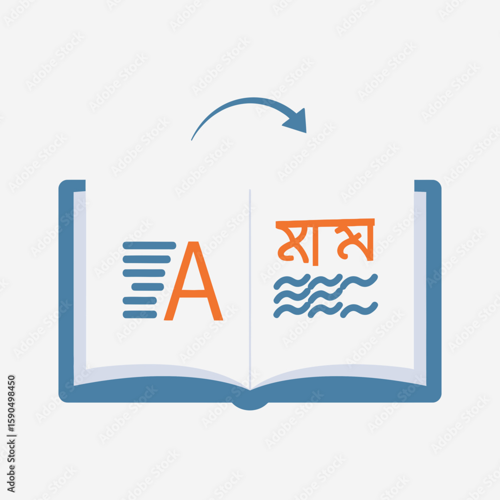Poster an open book with text representing translation between two languages.