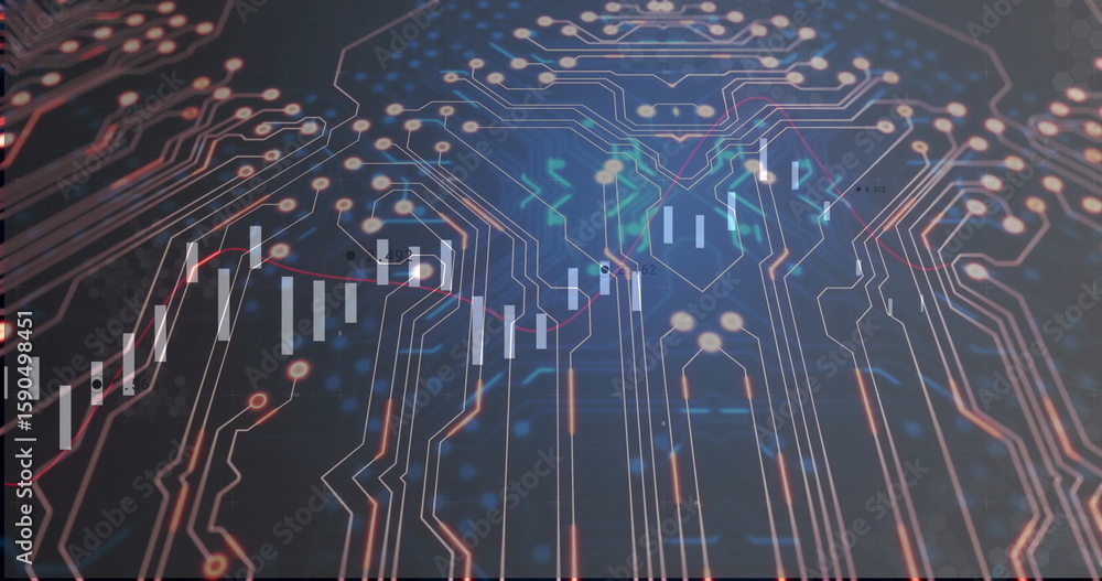 Poster showing circuit traces on data visualization, with bar chart, glowing nodes and red line graph