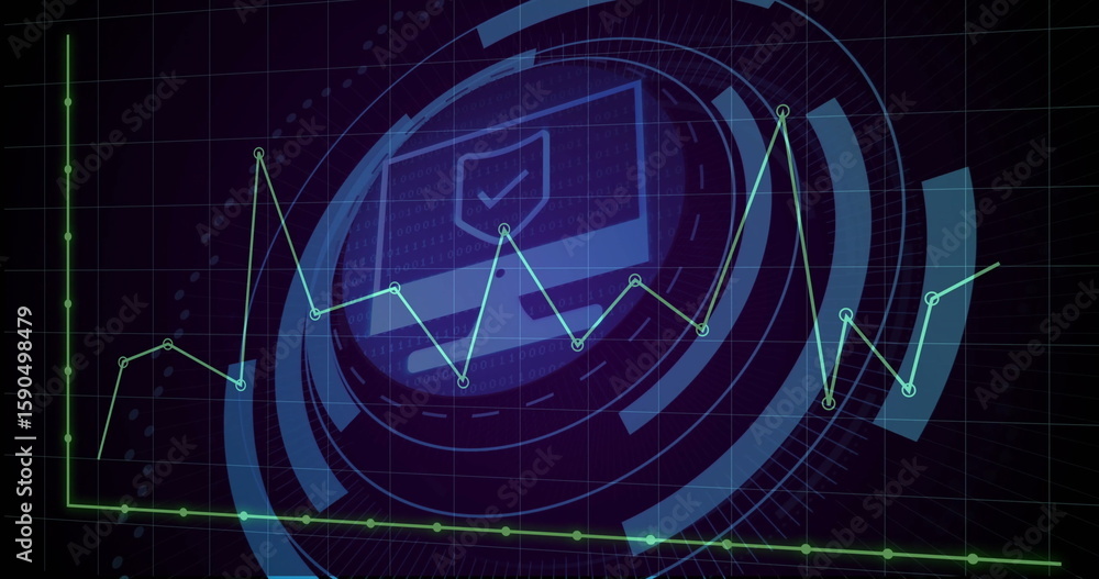 Poster displaying neon green line graph over purple grid in digital interface, with checkmark monitor icon