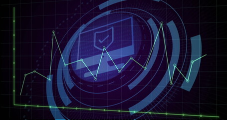 Displaying neon green line graph over purple grid in digital interface, with checkmark monitor icon