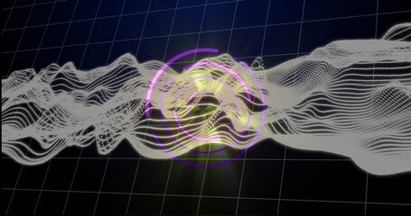 Pulsing white wave floating in virtual 3D grid space, with glowing yellow light and purple rings