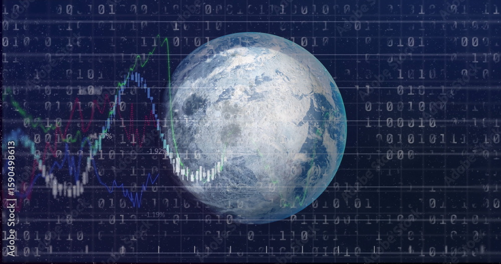 Poster displaying transparent earth globe over dark grid background, with binary digits, financial charts