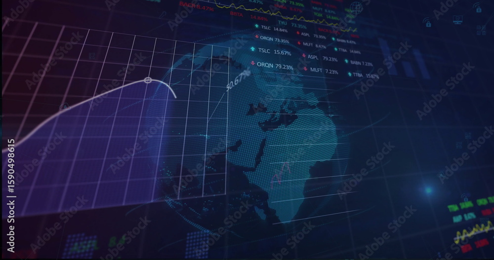 Poster visualizing dashboard showing world map and line graph over grid, with numeric readouts, tickers