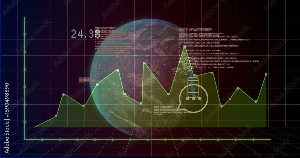 Poster displaying green line graph showing peaks in dashboard, featuring globe and numeric readout 24