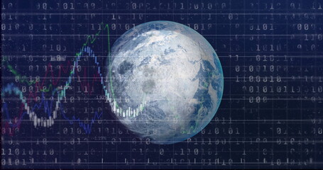 Displaying transparent Earth globe over dark grid background, with binary digits, financial charts