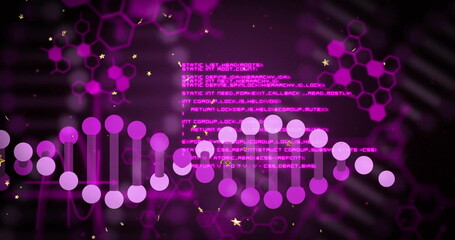 Naklejka premium Displaying stylized DNA helix of circles in data field with hexagonal pattern, stars, code snippets