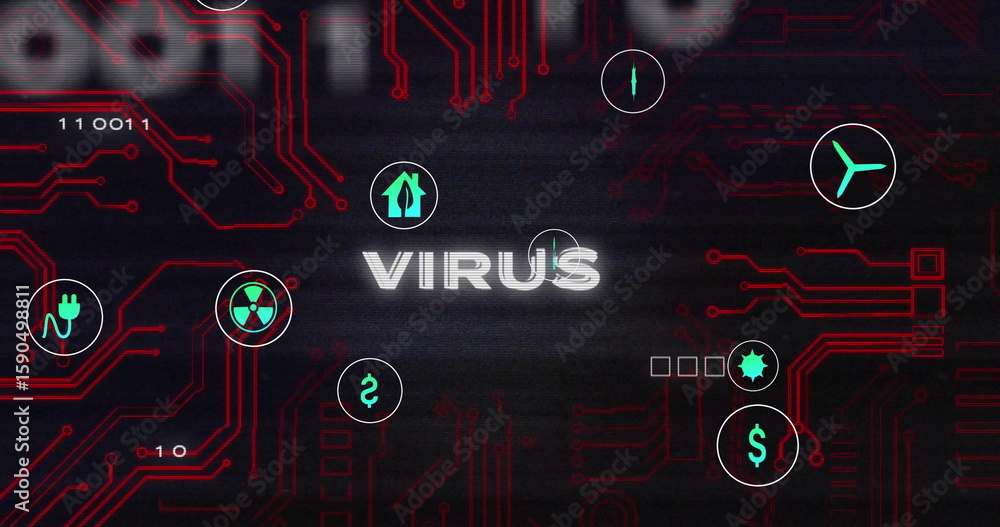 Poster displaying glitching virus text on circuit board, with red traces and plug, hazard and dollar icons