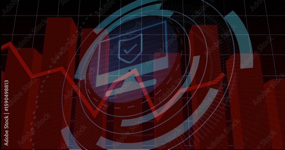 Poster displaying holographic interface floating over grid background, with laptop icon and red line graph